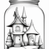 A whimsical fairy tale house enclosed in a glass jar, featuring pointed roofs and surrounded by trees and stones.