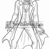 A cartoon vampire character with sharp fangs, wearing a long coat and standing with an aggressive pose, ready to be colored.