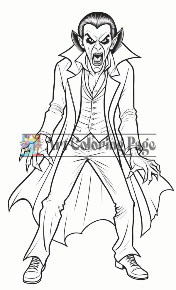 A cartoon vampire character with sharp fangs, wearing a long coat and standing with an aggressive pose, ready to be colored.