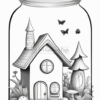 A whimsical black and white illustration of a cozy house inside a glass jar, surrounded by butterflies, mushrooms, and trees.