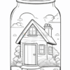 A detailed line drawing of a cozy house inside a jar, with clouds, trees, and bushes surrounding the house.