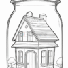 A jar containing a detailed outline of a small house surrounded by bushes and trees, designed for coloring.