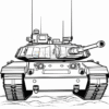 A detailed line drawing of a tank facing forward, showing its turret and tracks, set against a blank background.
