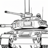 A detailed line drawing of a military tank, highlighting its turret and tracks.