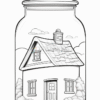 A whimsical illustration of a house inside a glass jar, featuring a chimney, windows, and surrounded by trees and clouds.