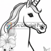A unicorn's head with a long horn and flowing mane, surrounded by flowers, features a watermark from Artcoloringpage.com.