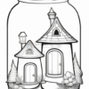 A whimsical illustration of two fairy tale-like houses inside a glass jar, surrounded by trees and bushes.