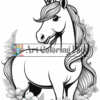 A unicorn with a flowing mane stands among flowers, outlined for coloring, featuring decorative floral elements.