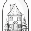 A whimsical house inside a glass jar, surrounded by trees and rocks, outlined for coloring.