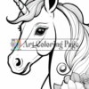 A beautifully outlined unicorn with a spiraled horn and flowing mane, adorned with flowers around its neck.