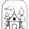 A whimsical illustration of a house inside a jar, surrounded by trees, clouds, and plants, all outlined for coloring.