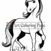 A unicorn with a flowing mane and a single horn stands gracefully above a bed of flowers, outlined for coloring.