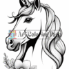 A detailed illustration of a unicorn's head, featuring a flowing mane and a floral design.