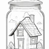 A whimsical illustration of a small house inside a glass jar, surrounded by fluffy clouds and bushes.