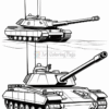 Two military tanks are illustrated in a black and white coloring page style, featuring detailed outlines of their shapes and turrets.