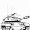 A detailed coloring page of a tank, featuring a prominent turret, gun barrel, and tracks on a rugged terrain.