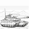 A detailed line drawing of a tank positioned in a landscape with mountains in the background, ready for coloring.
