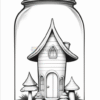 A whimsical house inside a glass jar, surrounded by two mushrooms and small bushes. The house features a pointed roof and a round door.