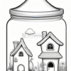 A whimsical scene inside a jar featuring two charming houses surrounded by flowers and a few garden gnomes.