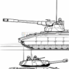 Two outlined military tanks side by side, one larger with a turret and one smaller, both featuring soldiers inside.