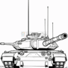 A detailed line drawing of a military tank viewed from the rear, featuring antennas and treads.