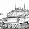 A detailed, black and white coloring page illustration of a military tank, featuring various technical elements and antennas.