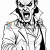 A dramatic black and white illustration of a furious vampire, showcasing sharp fangs and a classic cape, pointing aggressively.