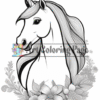 A detailed line drawing of a unicorn surrounded by flowers, featuring a prominent mane and a single horn.