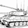 Line art depiction of a tank with two soldiers on top, ready for action, set on a rocky terrain.