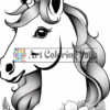 A detailed black and white illustration of a unicorn's head, featuring long flowing mane and decorative flowers at the base.