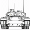 A detailed outline drawing of a military tank viewed from the front, featuring large tracks and antennae.