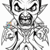 A cartoonish Dracula with sharp fangs, pointed ears, and a fierce expression, wearing a tuxedo and a cape.