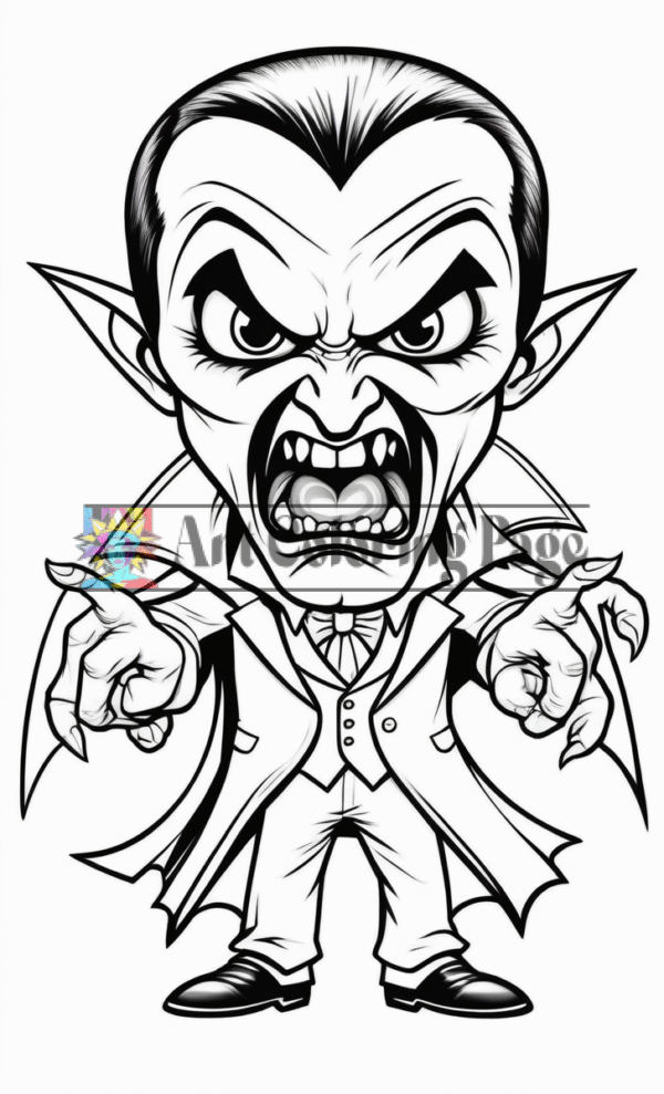 A cartoonish Dracula with sharp fangs, pointed ears, and a fierce expression, wearing a tuxedo and a cape.