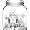 A whimsical scene inside a glass jar features charming houses with exaggerated shapes, surrounded by trees and grass.