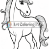 A unicorn standing elegantly, featuring a long, flowing mane and a spiraled horn, outlined for coloring.