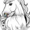 A detailed line art illustration of a unicorn adorned with flowers, framed by floral elements.