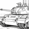 A detailed line drawing of a military tank, showcasing its turret, tracks, and antennas on a flat surface.