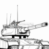 A detailed line drawing of a military tank with two soldiers on top, ready for action.