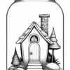 A whimsical black and white illustration of a small house inside a jar, surrounded by trees and stones.
