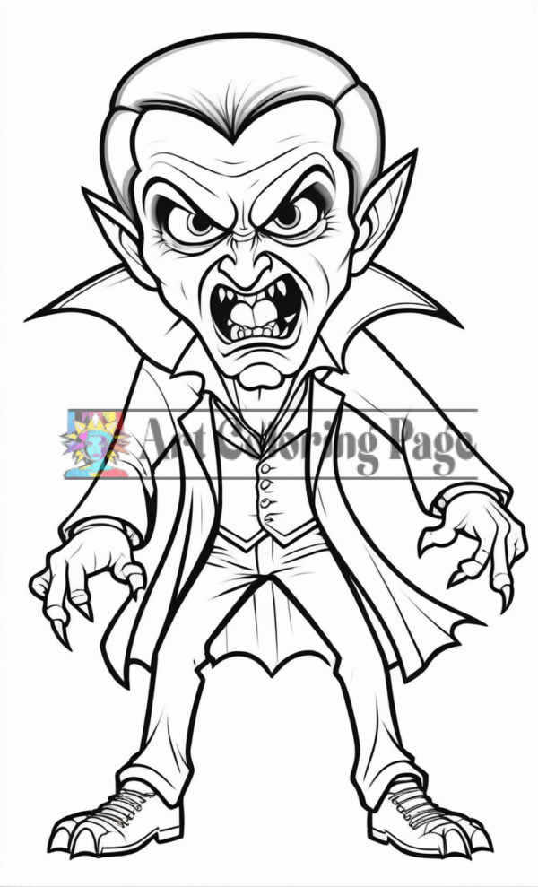 A cartoonish vampire character with sharp fangs, angry expression, and a classic cape, posing menacingly.