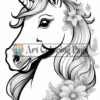 Unicorn with a floral mane decorated with various flowers and a prominent horn.