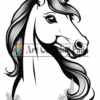 A detailed black and white illustration of a unicorn's head with flowing mane, surrounded by flowers.