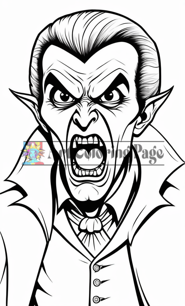 A menacing, angry vampire with sharp fangs, slicked-back hair, and a Victorian-style collar, set against a blank background.