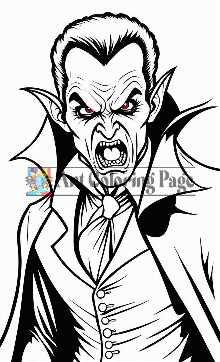 A fierce vampire character with sharp fangs, pointed ears, and a dramatic cloak, expressing anger.