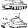 A black and white coloring page featuring two detailed illustrations of a tank from different angles.