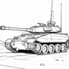 A detailed line art illustration of a military tank positioned on a rocky terrain, designed for coloring.