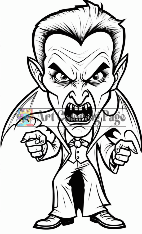 Angry cartoon vampire with sharp fangs and bat-like wings, wearing a classic tuxedo and gesturing aggressively.