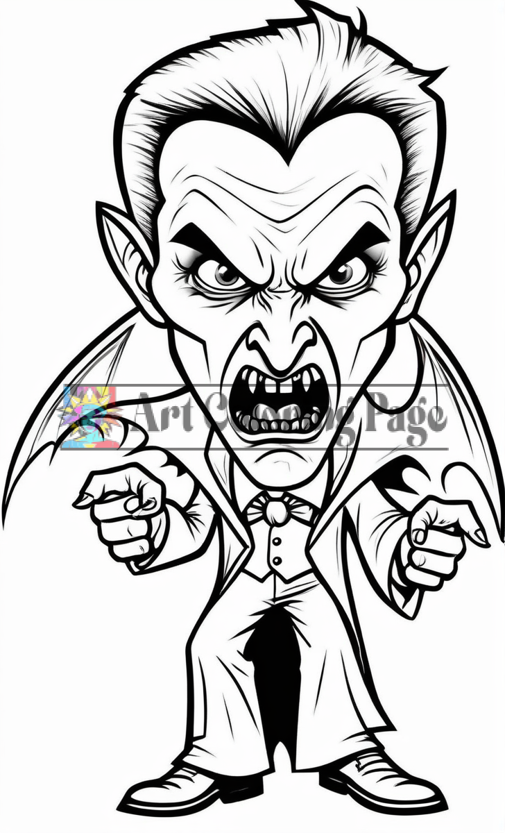 Angry cartoon vampire with sharp fangs and bat-like wings, wearing a classic tuxedo and gesturing aggressively.
