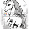 A unicorn with long flowing mane stands among flowers and butterflies, surrounded by decorative elements in a coloring page style.