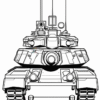 A detailed line drawing of a tank, showcasing its turret, tracks, and various accessories on top.